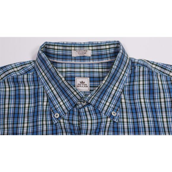 Peter Millar Dark Green Plaid Button-Up Cotton Dress Shirt Men's XL - Picture 5 of 6